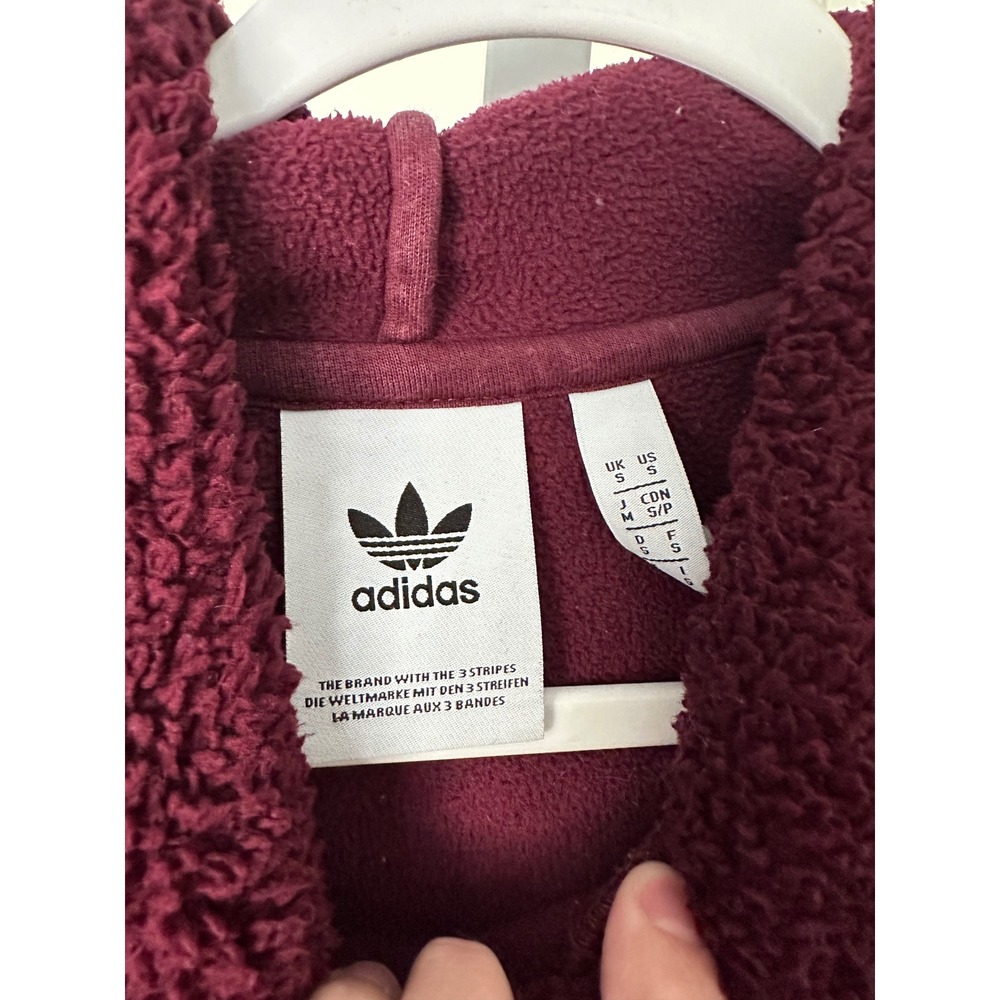 Adidas Originals Womens Sherpa Fleece Hoodie Burgundy Maroon Trefoil Logo Small - Picture 3 of 4